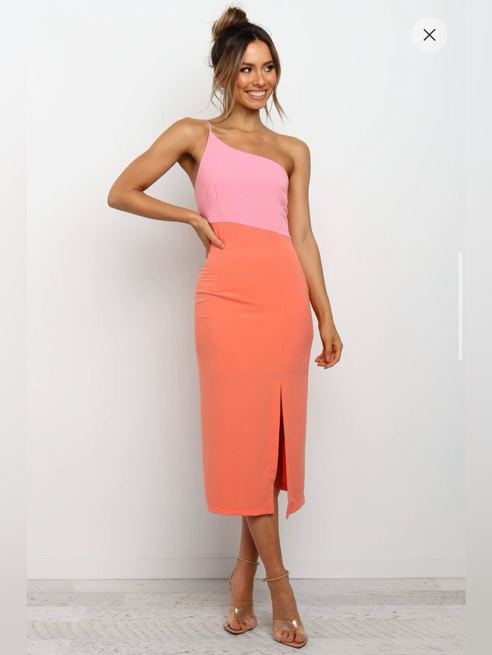 Petal + Pup Pink & Orange Colorblock Vaca Wedding Guest One Shoulder Midi Dress - Picture 8 of 12